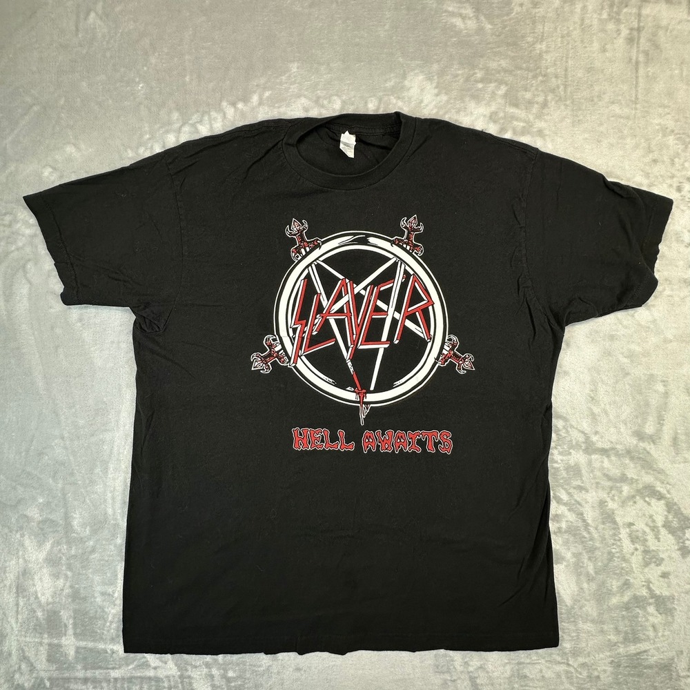 Tultex T-Shirt Mens XL Black Slayer Hell Awaits 1985 Tour Graphic Band Tee